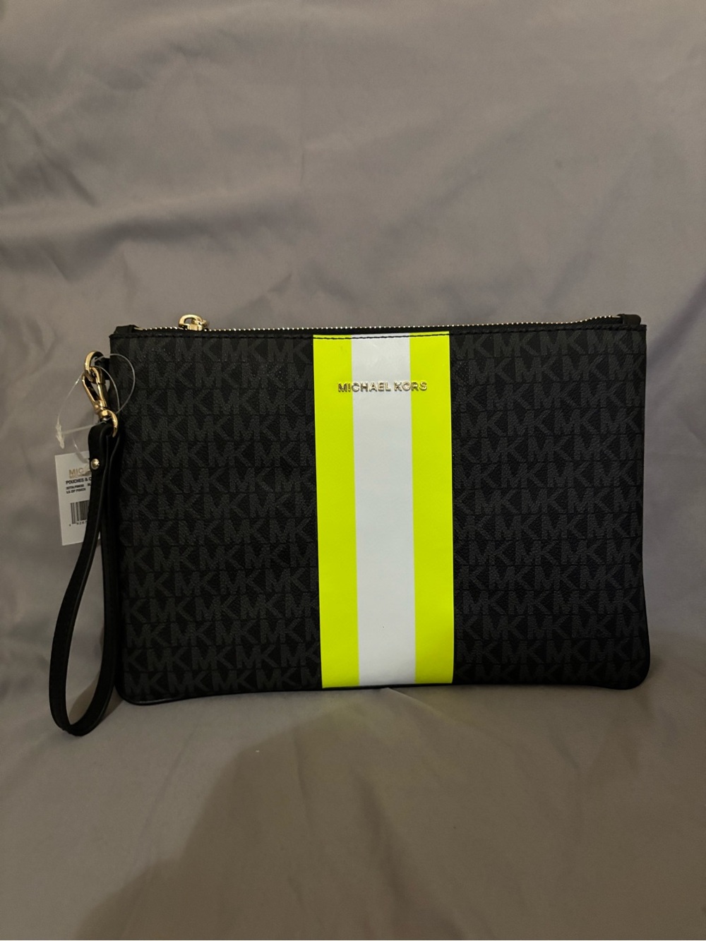 Michael Kors Black Wristlet with Neon Yellow and White Center Stripe